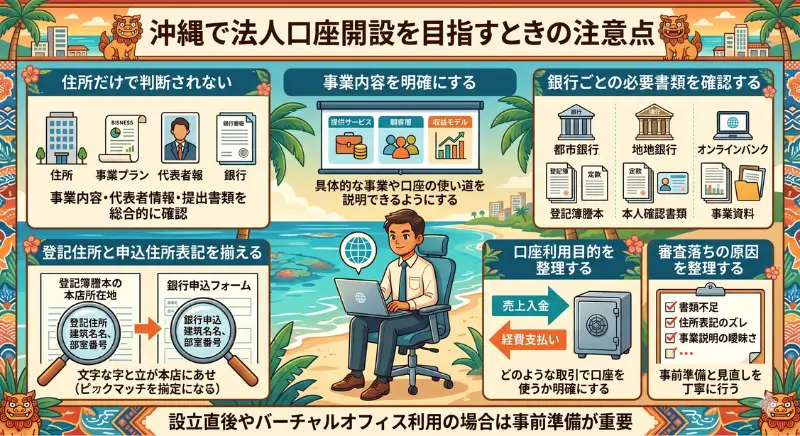 沖縄で法人口座開設を目指すときの注意点